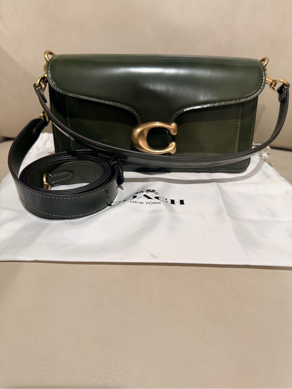Coach Dark Green Leather Shoulder Bag with Gold 'C' Accent